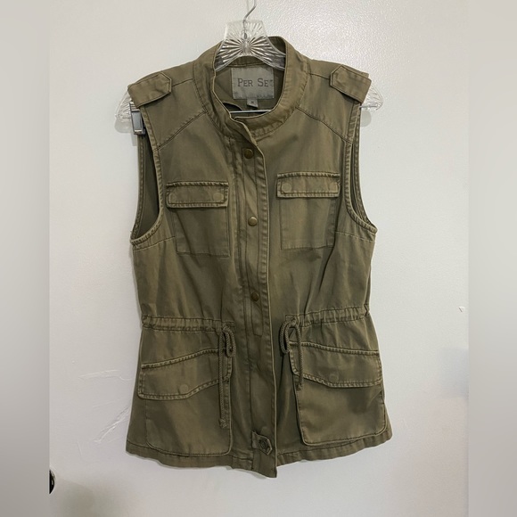 Women Canvas Cargo Vest Medium M Canvas Jacket Green Vest Drawstring Waist - Picture 2 of 10